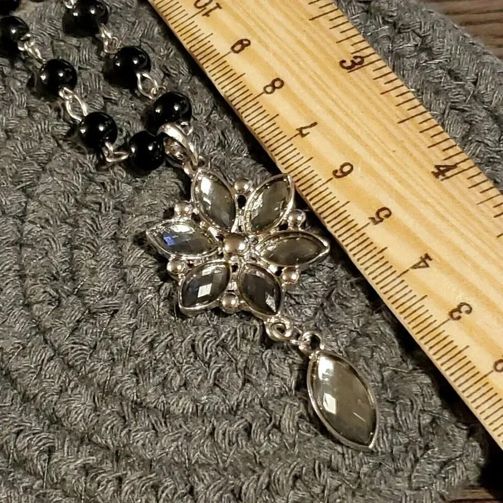 Victorian Style Black Silver and Smoke Navette Flower Pendant Necklace - Picture 4 of 5